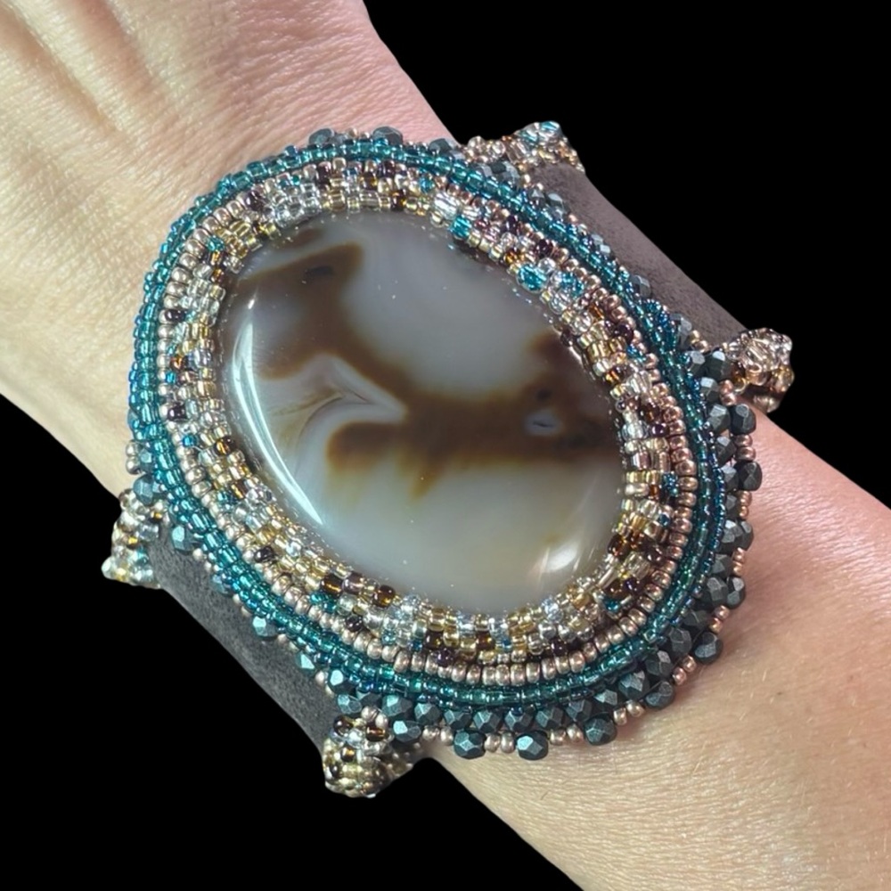 Botswana Agate Bead Embroidered Cuff Bracelet